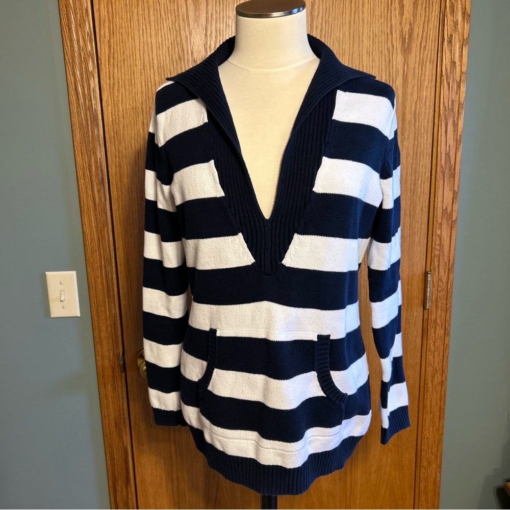 Jones New York Sport Nautical Sweater Woman’s Large Blue White V Neck ‎ Ribbed